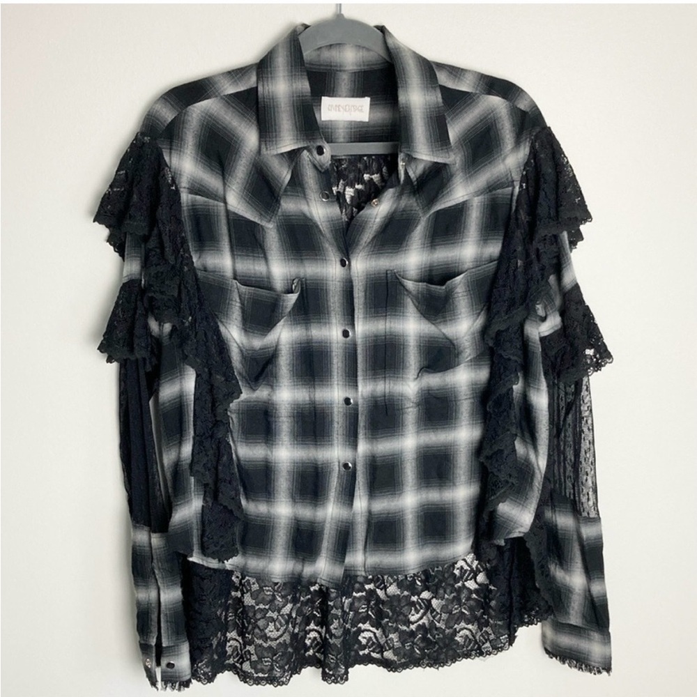 Divine Heritage Revolve Lace Button Front Plaid Shirt Gothcore Ruffles Medium